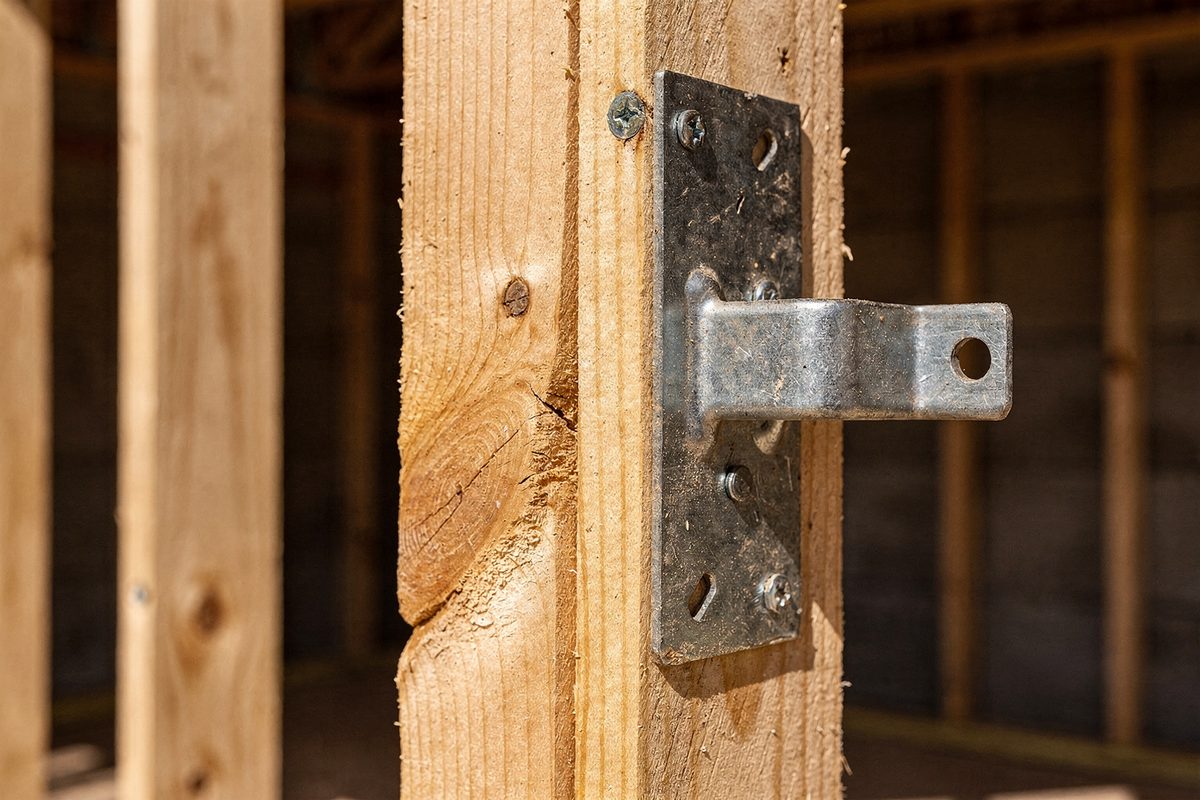 Close-up of a framed wall corner joint showing stud and joist hanger