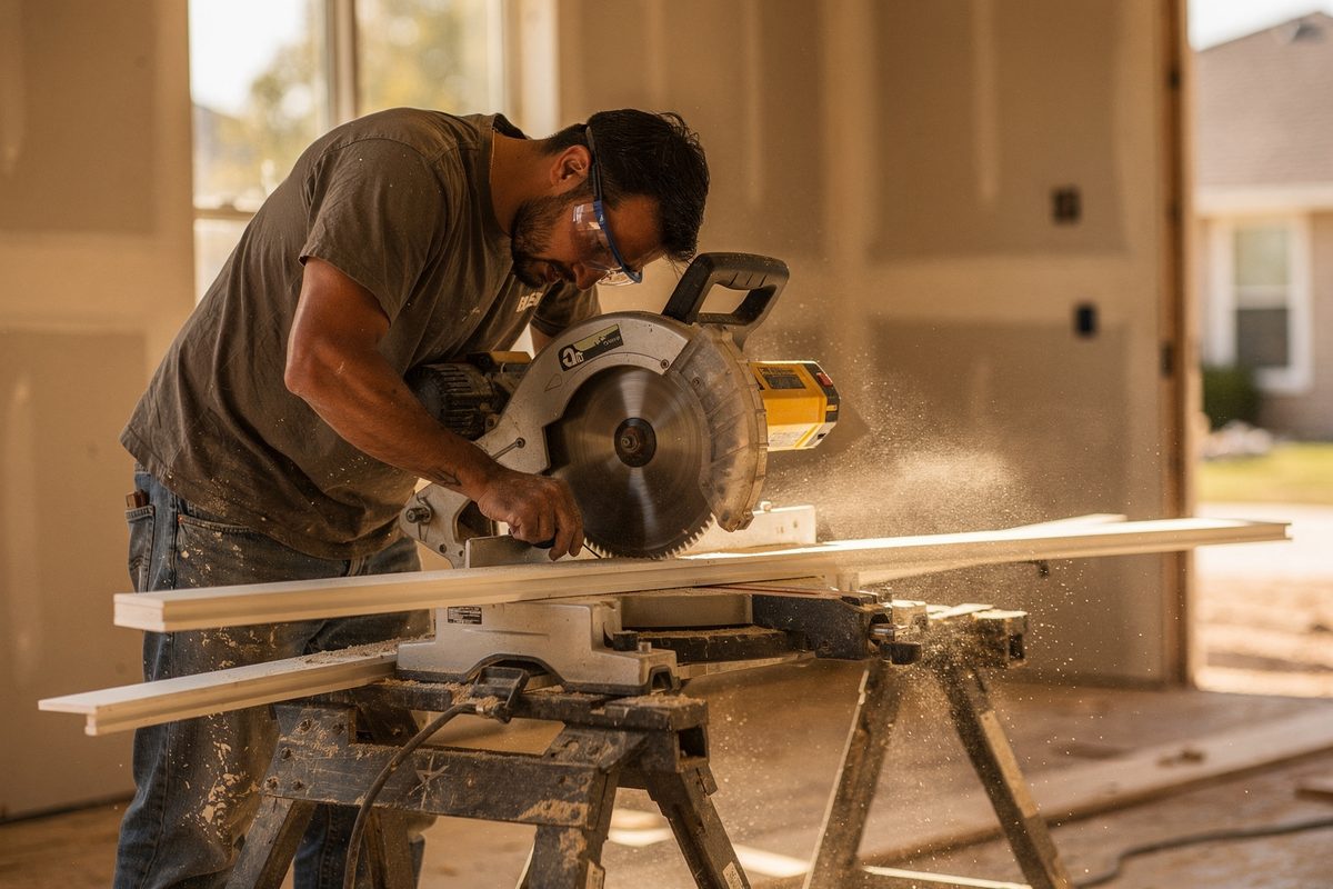 Worker cutting trim board on a miter saw with sawdust in the air
