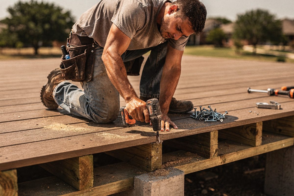 Worker fastening a composite decking board on a partially built deck