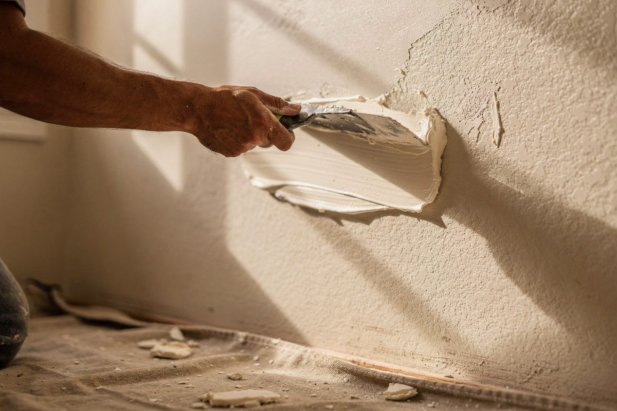 Hand smoothing drywall compound over a patched wall section