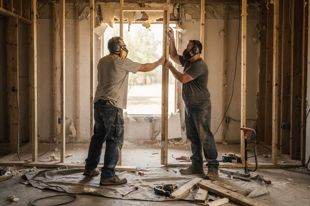 Two workers framing a doorway inside a house under renovation