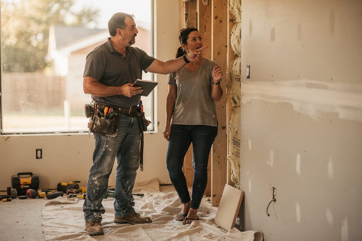 Crew lead and homeowner discussing scope in a partially finished room