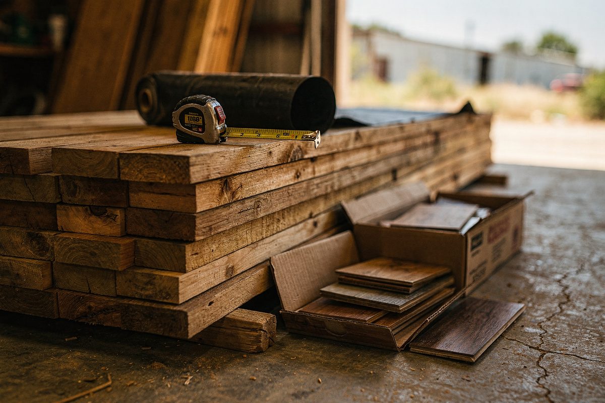 Lumber and flooring material staged on a shop floor